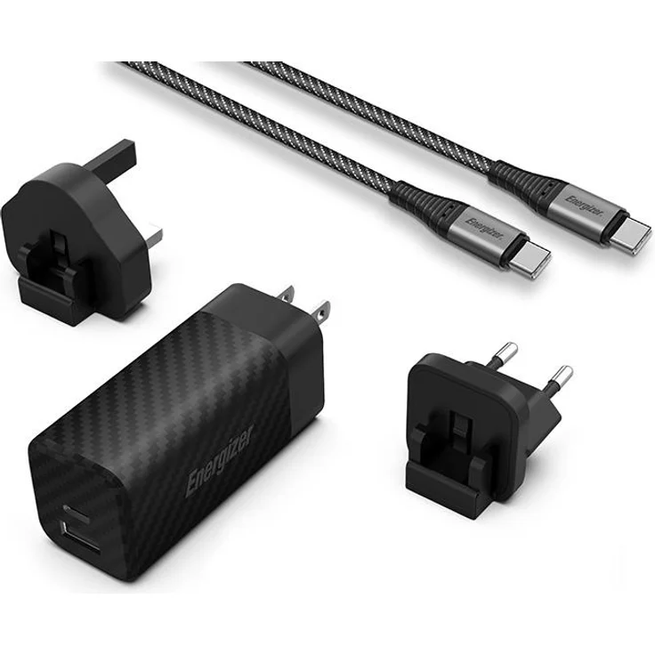 Energizer Ultimate Multiplug EU/UK/US, GaN USB-C & USB-A 65W PD Charger mit USB-C Kabel, schwarz