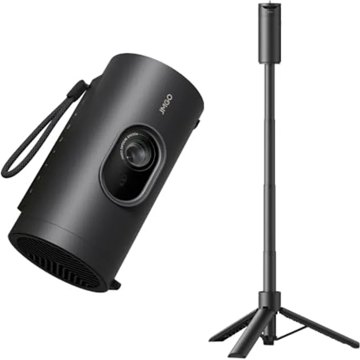 JMGO PicoPlay+ Bundle, Tragbarer Full HD Beamer mit 450 ISO-Lumen, 16 GB Speicher, Bluetooth-Lautsprecher und Powerbank-Stativ, Schwarz