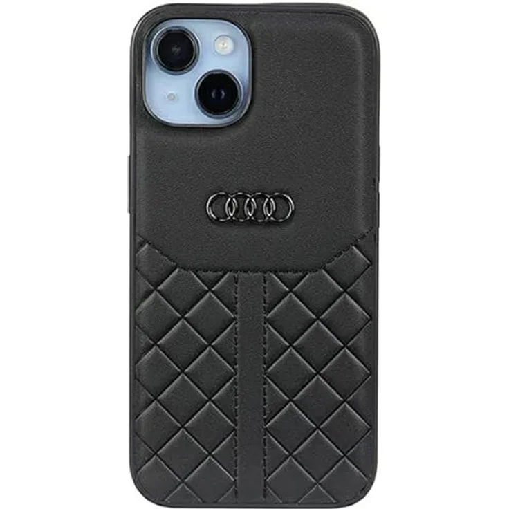 Audi Genuine Leather iPhone 14 6.1" Hardcase, Schwarz, TPU/Naturleder, schlankes Design, geprägtes Rhombenmotiv, Zugang zu allen Tasten und Ports