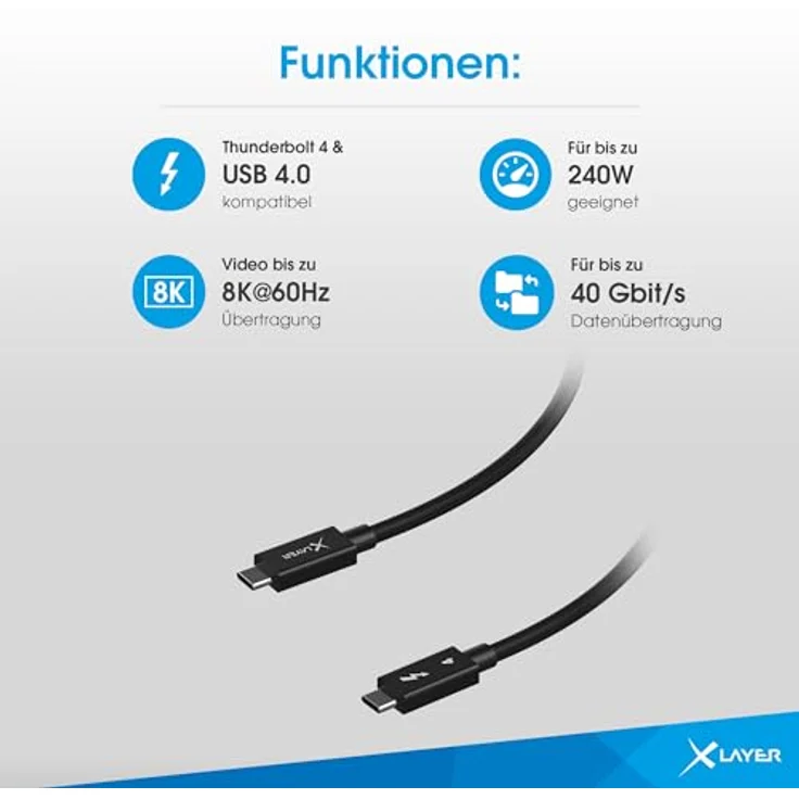 XLayer Thunderbolt 4 Ladekabel 100cm, 240W / 40Gbps, USB-C auf USB-C, für Typ-C Geräte, schwarz – Bild 4