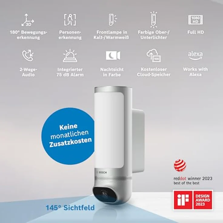 Bosch Smart Home Außenkamera II, 1080p Full-HD, integrierte Alarmsirene und Design-Leuchte, kompatibel mit Amazon Alexa, Silber - Preisvergleich – Bild 2