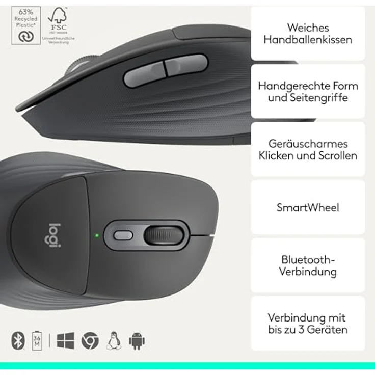 LOGITECH Signature Comfort Plus MK880, kabelloses Maus- und Tastaturset mit ergonomischer Handballenauflage, SmartWheel und bis zu 36 Monate Akkulaufzeit, Graphite – Bild 3