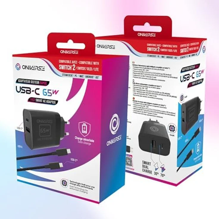 Oniverse 65W USB-C Charger, kompakter Schnellladeadapter mit USB-A und USB-C, 1,5 m Kabel, Schwarz – Bild 2