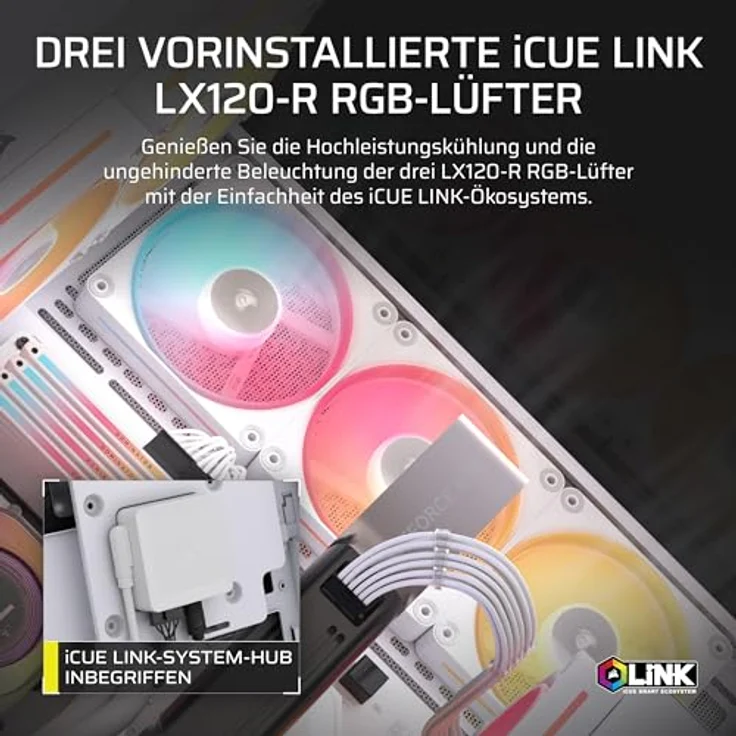 Corsair 3500X LX-R RGB iCUE LINK Mid-Tower-PC-Gehäuse, 3 x vorinstallierte LX120-R RGB-Lüfter, iCUE LINK System Hub, GPU-Anti-Sag-Arm, Platz für bis zu 10 x 120-mm-Lüfter, Weiß – Bild 3