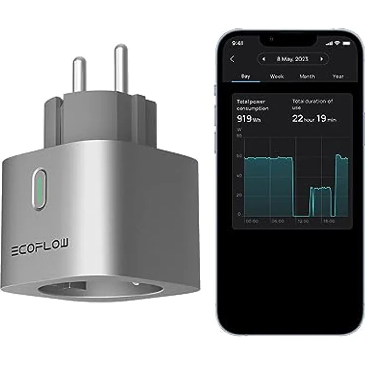 EcoFlow Smart Plug, WLAN-Steckdose, Überwachung des Stromverbrauchs & automatische Energiezuweisung, Fernsteuerung per App & Sprachsteuerung, 5011401002, EFA-SmartPlug-EU