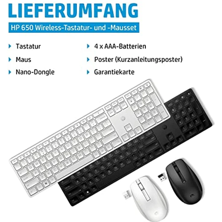 HP 650 kabellose Tastatur und Maus Bundle (20 programmierbare Tasten, QWERTZ Layout, 4.000 DPI, USB Dongle, 3 Tasten, Scrollrad) Schwarz – Bild 5