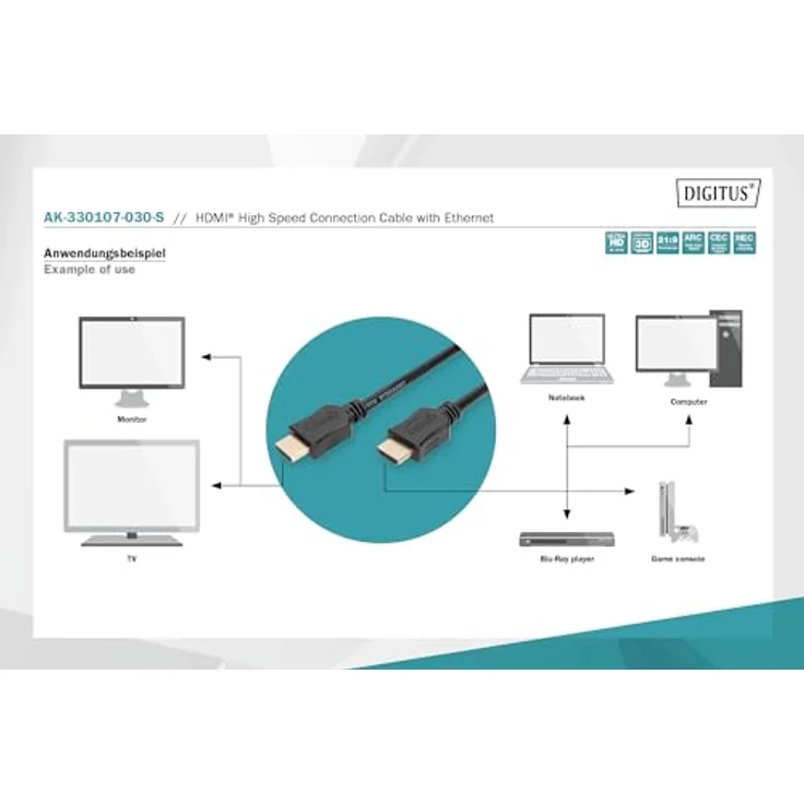 ASSMANN HDMI 2.0 Anschlusskabel 2xHDMI Typ A Stecker HDMI High-Speed mit Ethernet 3m bulk 4K Ultra HD und 3D tauglich ARC C – Bild 3
