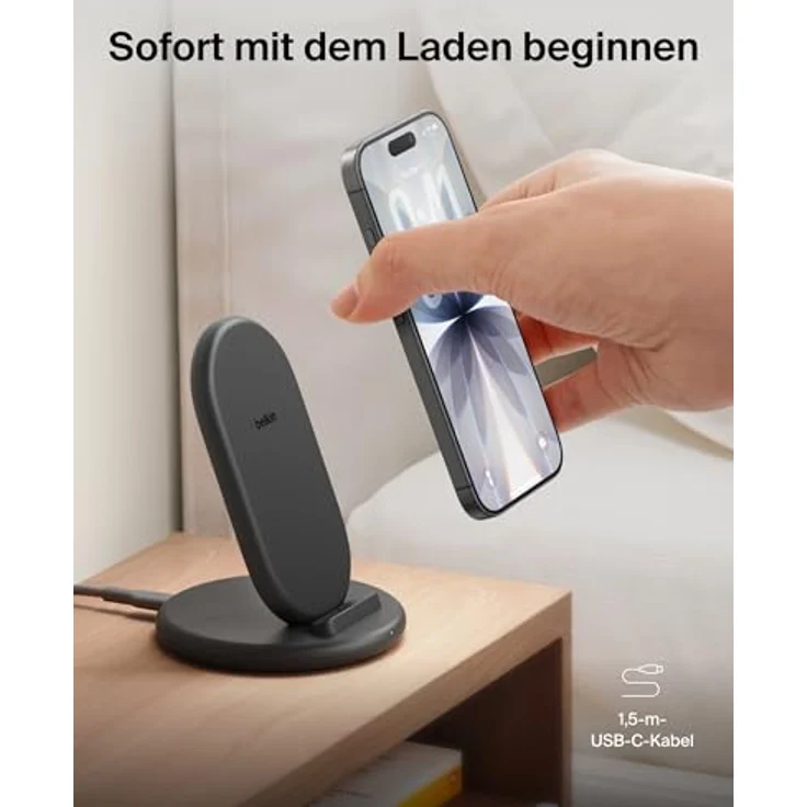 Belkin BoostCharge Induktive Ladestation, Kabelloses Ladegerät mit 20-W-PD-USB-C-Netzteil, geeignet für Handyhüllen, Schwarz – Bild 4