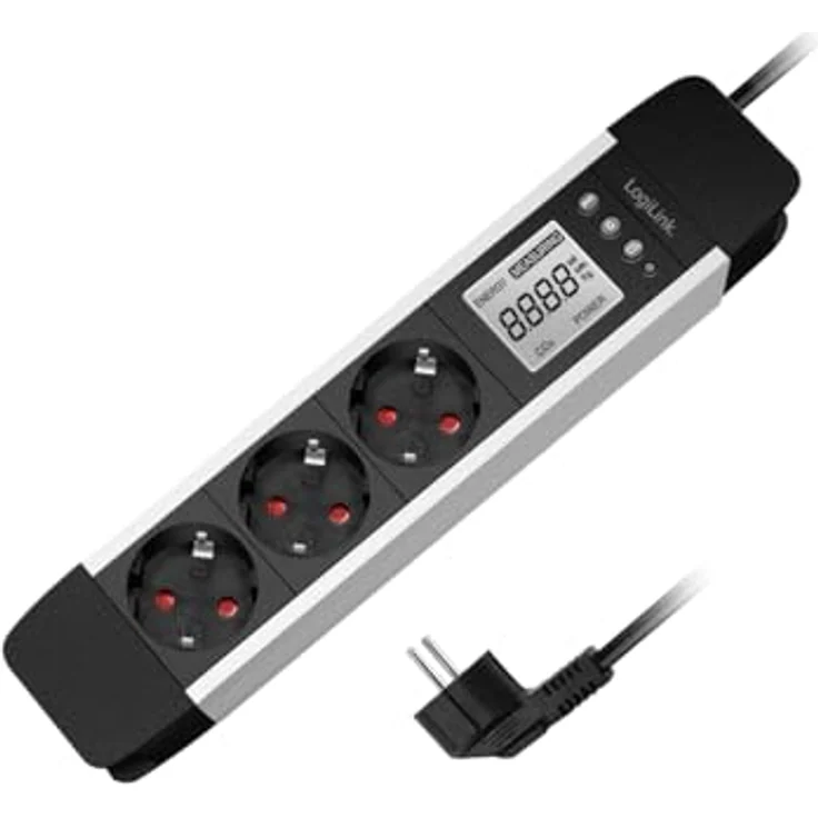 LogiLink LPS285-3-Fach Steckdosenleiste, LCD Display, Echtzeit Anzeige für Energieverbrauch/CO2-Emission, Schwarz/Silber – Bild 1