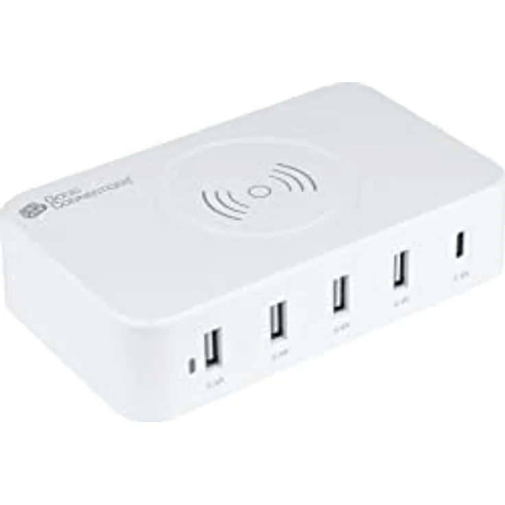 Good Connections USB-Schnellladestation 60W - 5-Port - 1x USB C max. 12W und 4X USB A max. 12W, total max. 60W - sowie 10W Wireless Qi Charging - für Smartphone, Tablet, iPhone, iPad u.v.m. - weiß