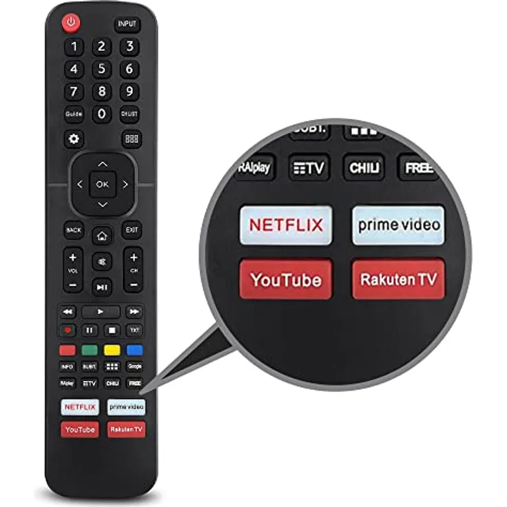 Leyf Hisense Ersatz Fernbedienung - Kompatibel mit vielen Modellen wie EN2X30H/ EN2D27/ ERF6A64/EN-33926A- für Smart LED QLED UHD TV- Netflix, Prime Video, YouTube,Rakuten TV mit Schlüsseln