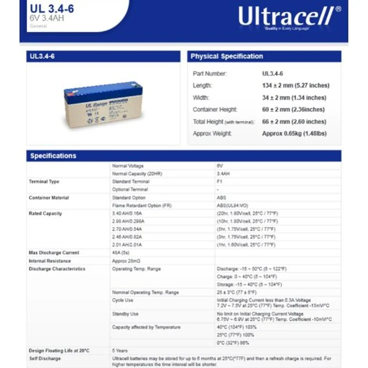 Ultracell UL 3.4-6 Bleiakku, 6 V 3,4 Ah mit Faston 4,8mm Kontakten, wartungsfrei, ABS-Hülle – Bild 3