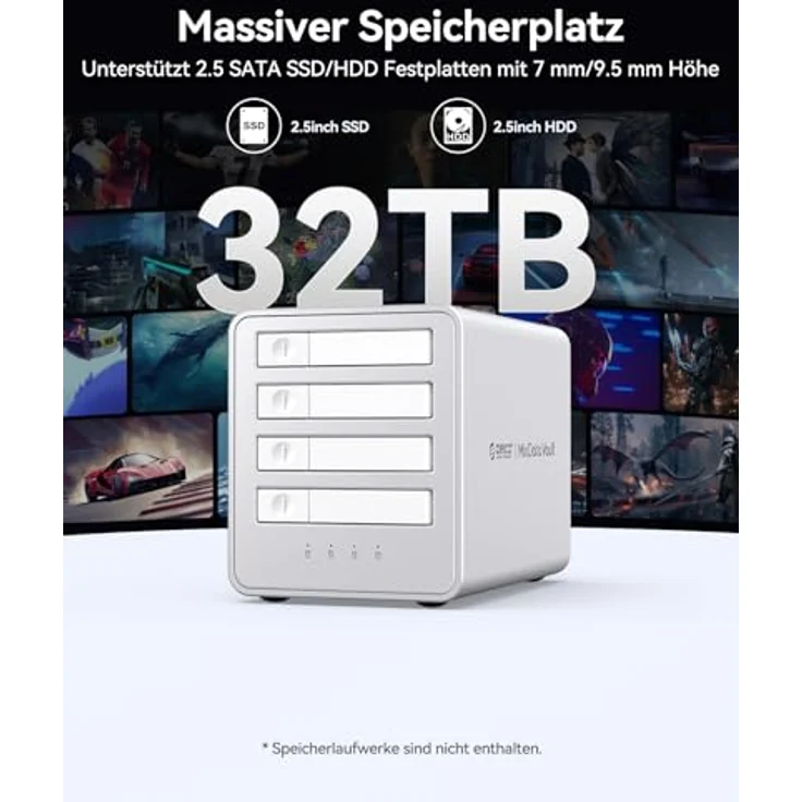 ORICO Aluminium RAID Festplattengehäuse 4-Bay 2.5 Zoll, Dockingstation für SSD/HDD mit Lüfter, Unterstützung für bis zu 32 TB, USB 3.2 Gen2, 7 RAID Modi – Bild 7