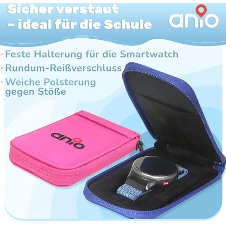 Anio Smartwatch Mäppchen, Schutztasche für Kinder-Smartwatches mit Reißverschluss, blau, Innenfach für Notfallzettel – Bild 5