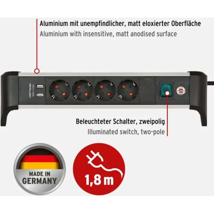 Brennenstuhl Alu-Office-Line Steckdosenleiste 4-Fach/Mehrfachsteckdose mit USB (Steckerleiste ideal für den Schreibtisch, 1,8m Kabel, mit Schalter, Made in Germany) – Bild 2