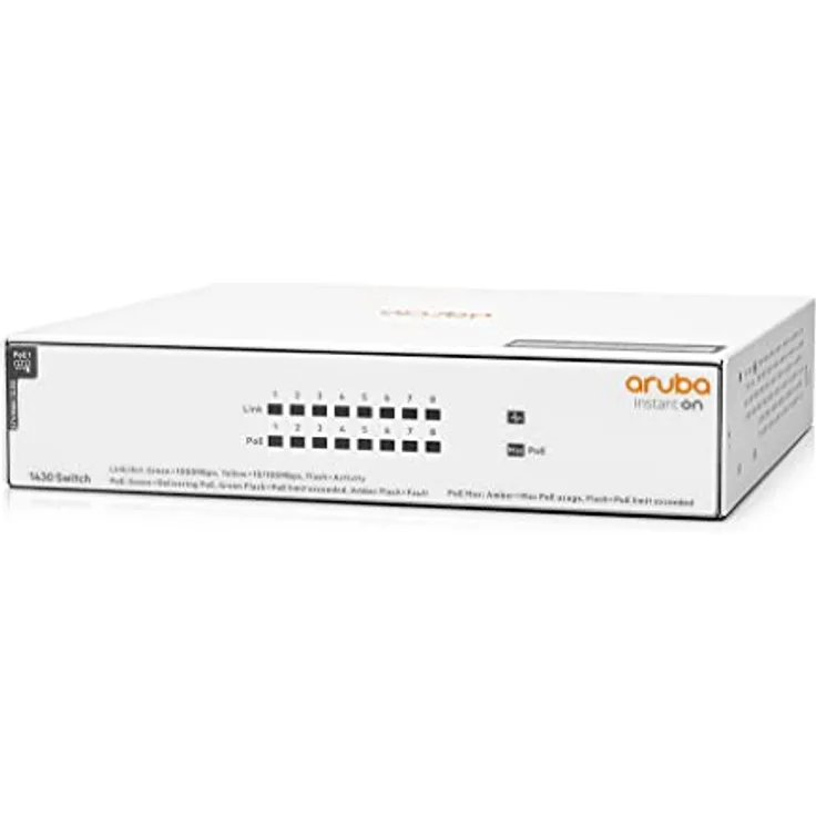 Aruba Instant On 1430 8-Port Gb Unmanaged PoE Switch | 8-Port Class 4 PoE (64W) - 8X 1G Ports | Fanless | EU Europe Cord (R8R46A#ABB)