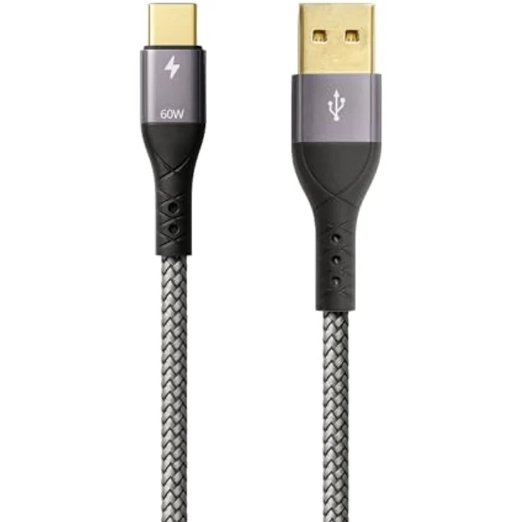 PROFIPATCH ProfiPatch USB A auf USB C Kabel, 60W QC 3A, 1m grau, Textil, Goldkontakt, Schnellladekabel für Notebooks und Handys – Bild 1