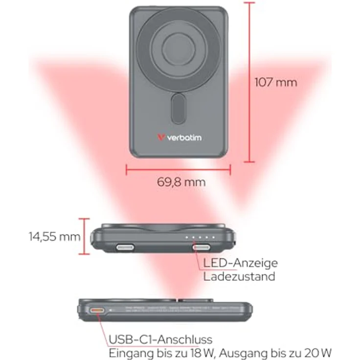 Verbatim Charge 'n' Go 2C Powerbank, 5000mAh, kabelloses Laden mit Ständer, grau – Bild 6