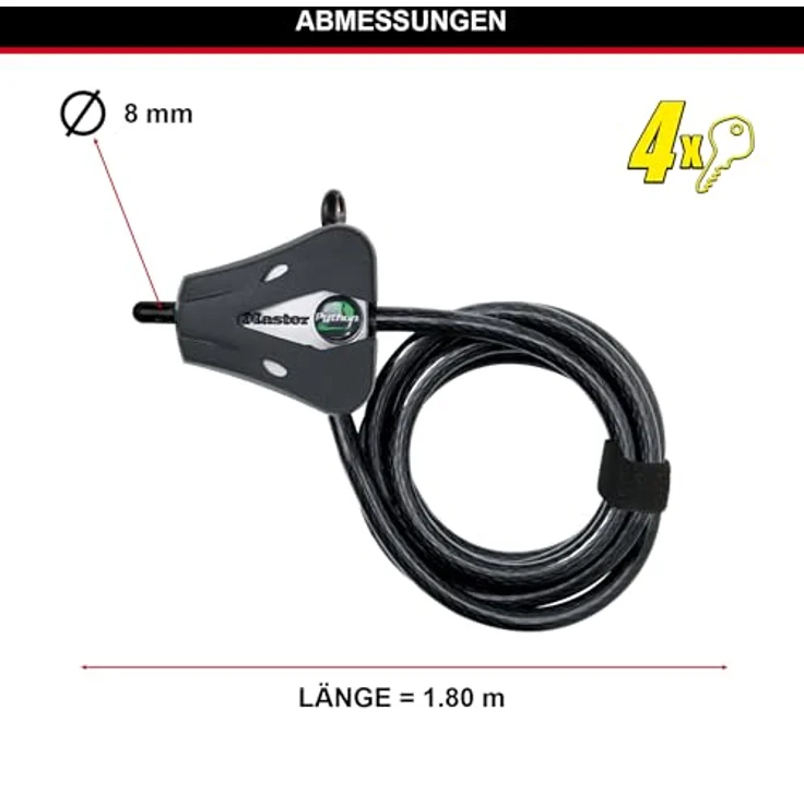 Master Lock 8418EURD Verstellbares Kabelschloss mit Schüsselschloss [Kabel einstellbar von 30 cm bis 1,8 m] [Python] - Ideal für Sportausrüstung, Werkzeuge und Gartenmöbel – Bild 6