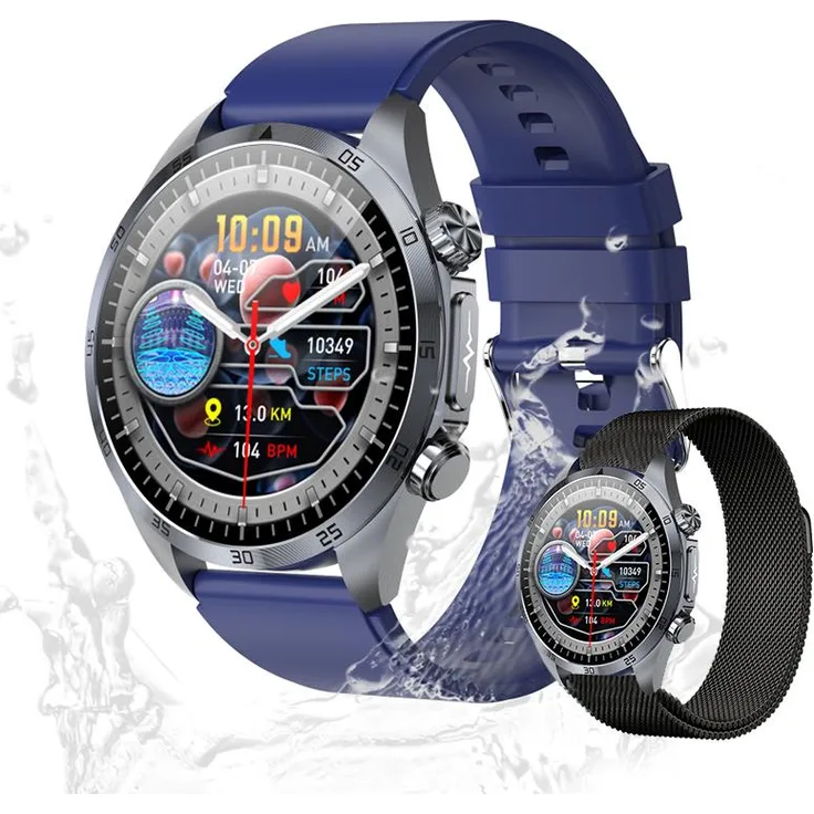 Valdus Herren Smartwatch, IP68 wasserdicht, Multifunktionale Fitnessuhr mit EKG, Körperanalyse & CES-Schlafunterstützung – Blau