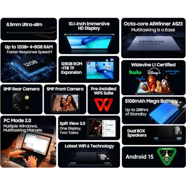 Blackview TAB 60, 10,1 Zoll Android 15 Tablet PC in grau, 12GB RAM + 128GB ROM (erweiterbar bis 2TB), Octa-Core, WiFi 6, 1280 x 800 HD, 5100mAh Akku, Dual-Kamera, Face ID – Bild 4