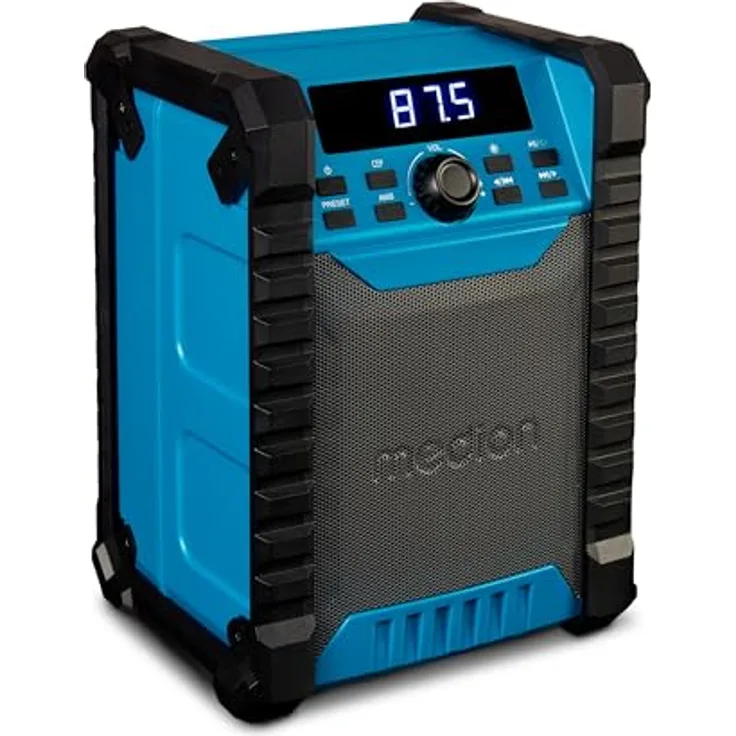 MEDION E65895 Baustellenradio mit Akku (Robustes Gehäuse, Tragegriff, Bluetooth, Spritzwassergeschützt (IP54), UKW Radio, AUX) grün