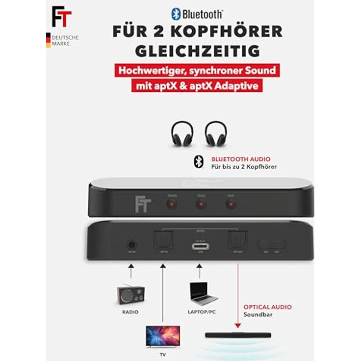 FeinTech BT200 Bluetooth® 5.4 Audio Transmitter, aptX, Auracast, SPDIF-Passthrough, OLED-Display, USB-Audio – Bild 2