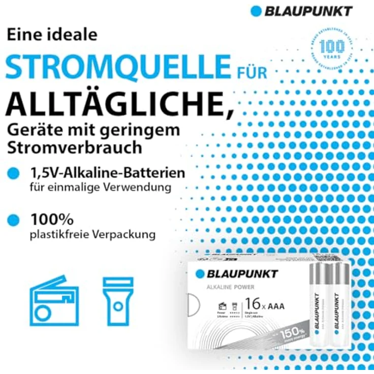BLAUPUNKT AAA Alkalibatterien, Packung mit 16, ideal für Wanduhren und TV-Fernbedienungen, LR03BPO/16CB, 7 Jahre Batteriestromschutz, 100% plastikfreie Verpackung – Bild 2