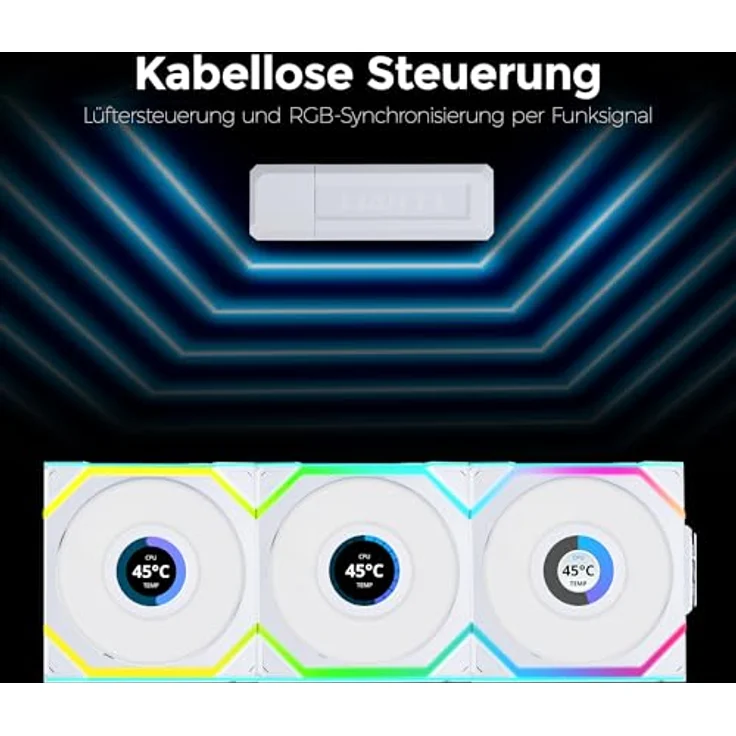 Lian Li UNI FAN SL Wireless LCD Lüfter, ARGB, PWM, 3er-Pack inkl. Controller - Reverse Blade, 120 mm, weiß - Leistungsstarker Gehäuselüfter mit drahtloser Synchronisation – Bild 4