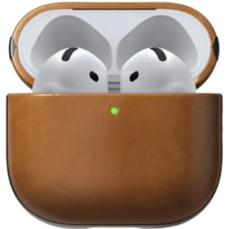 NOMAD Modern Leather Case für Airpods 4 | Robuste Schutzhülle aus Polycarbonat und Echtleder, gummierte TPE-Bumper, kabelloses Laden, English Tan – Bild 1