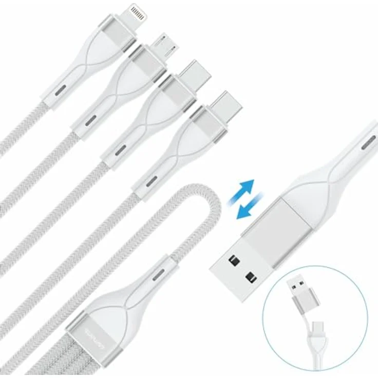 4smarts 541024 USB-Kabel 1,2 m, 4-in-2 Ladekabel mit USB A, USB C, Micro USB-A, Lightning, weiß, hüllenfreundlich, simultanes Laden bis zu 4 Geräten – Bild 3