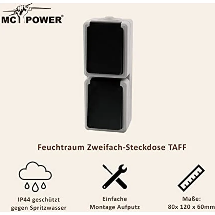 MC POWER - Feuchtraum Doppel-Steckdose I TAFF I Aufputz 2fach Steckdose vertikale Ausrichtung, 250V~/16A, IP44 Doppelsteckdose AP, grau mit schwarzem Federdeckel – Bild 4