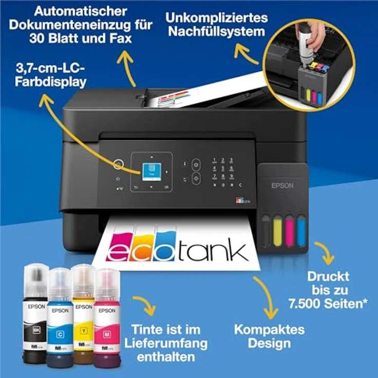 Epson EcoTank ET-4900, Multifunktionsdrucker mit Tintenstrahldruck und automatischem Dokumenteneinzug, A4, WLAN, Farbe, 3600 Seiten Druckleistung – Bild 2