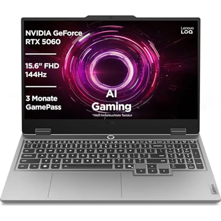Lenovo LOQ Gaming AI Laptop, 15.6" Full HD 144Hz, NVIDIA GeForce RTX 5060 8GB, AMD Ryzen 7 250, 16GB RAM, 1TB SSD, Weiss-beleuchtete Tastatur, Grau, 3 Monate Game Pass