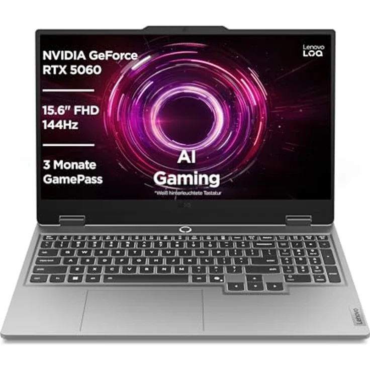 Lenovo LOQ Gaming AI Laptop, 15.6" Full HD 144Hz, NVIDIA GeForce RTX 5060 8GB, AMD Ryzen 7 250, 16GB RAM, 1TB SSD, Weiss-beleuchtete Tastatur, Grau, 3 Monate Game Pass – Bild 1