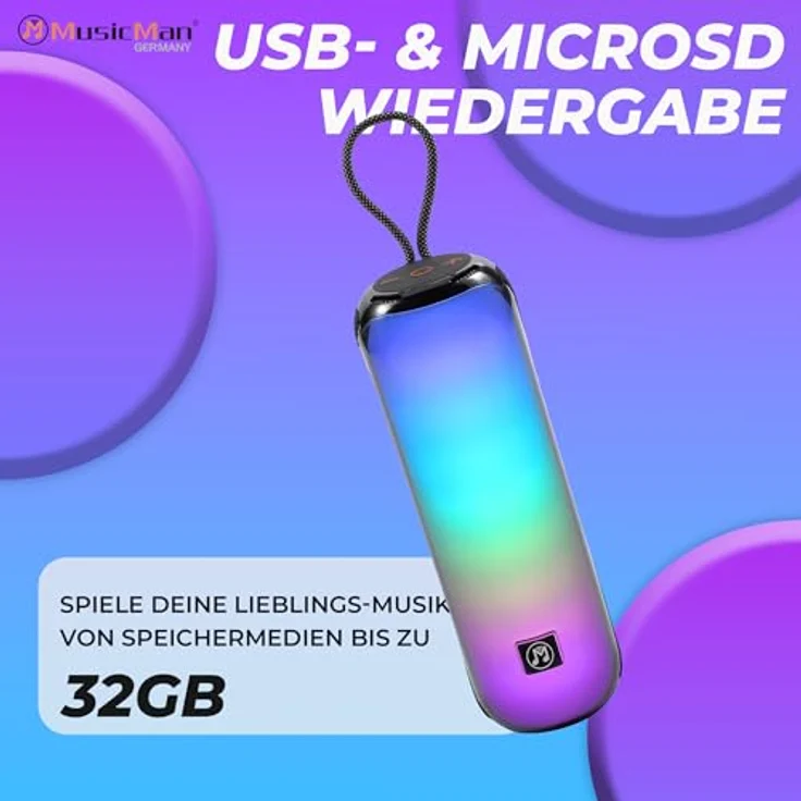MusicMan BT-X66, Tragbarer Bluetooth-Lautsprecher mit RGB-Disco-Lichtern, FM-Radio, USB- und MicroSD-Wiedergabe, 1800mAh Akku, integriertem Mikrofon & AUX-Eingang – Bild 5