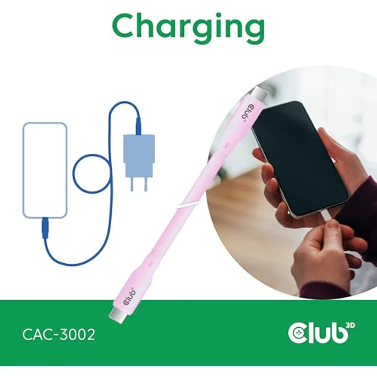 Club3D CAC-3002 Lifestyle USB-C Kabel PD 240W, 20Gbps, 2m, pink, für iPhone und Android, 4K60Hz Videounterstützung – Bild 5