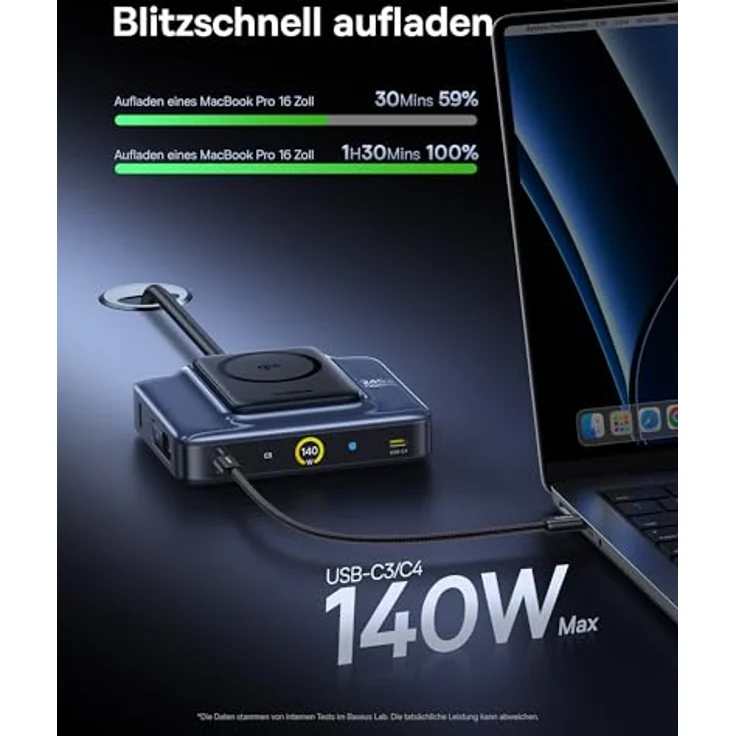 Baseus USB C Ladegerät Nomos 245W PD mit PPS, 5-in-1 Schnellladegerät für MacBook Pro/Air, iPad Pro, iPhone 16-12, Galaxy S24 Ultra, inkl. 15W MagSafe, einziehbarem USB-C-Kabel und LCD Display – Bild 2
