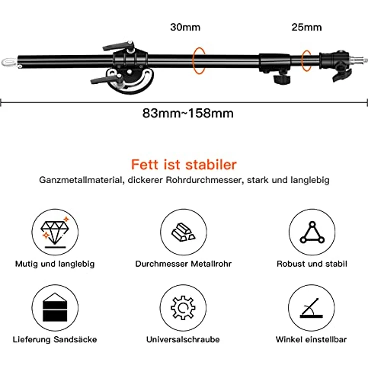 SOONPHO Auslegerarm Pro Galgen mit Gegengewicht 83-158cm, rostfreier Stahl, 1/4" 3/8" Schraube, schwarz für C-Stand Lichtstative – Bild 3