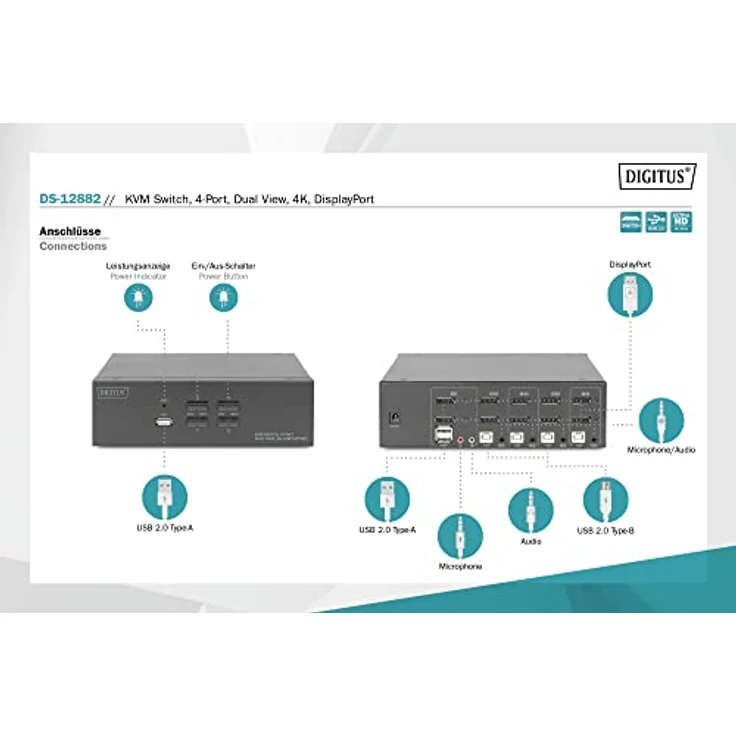 DIGITUS KVM-Switch DisplayPort – 4-Port Dual-Display – 4 PC 2 Monitore – 1x Maus, Tastatur & Audio für 4 Computer – UHD 4K@60Hz (3840 x 2160p) – Hot-Key Umschalter – 1x USB 2.0 Hub – Schwarz – Bild 3