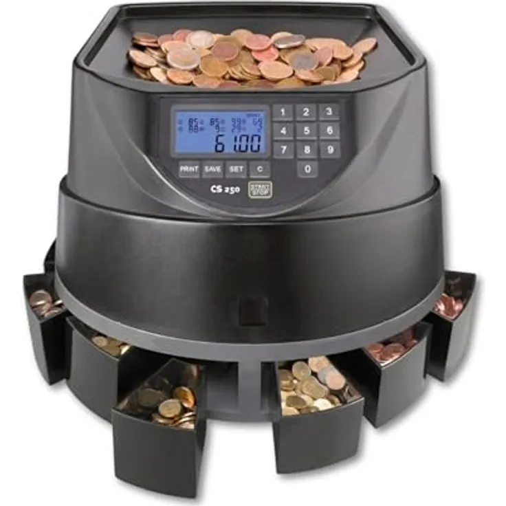 ratiotec Münzzähl- und Sortiermaschine CS 250, 550 Münzen/Min, LED-Display, 8 Hartgeldfächer, robustes Kunststoffgehäuse
