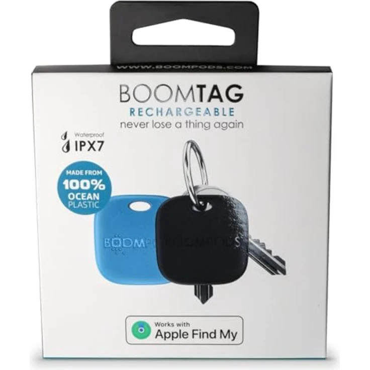 Boompods Boomtag Rechargeable Duo Pack, Tracker mit Wasserdichtigkeit IPX7 und bis zu 6 Monate Akkulaufzeit, Blau & Schwarz (iOS) – Bild 1