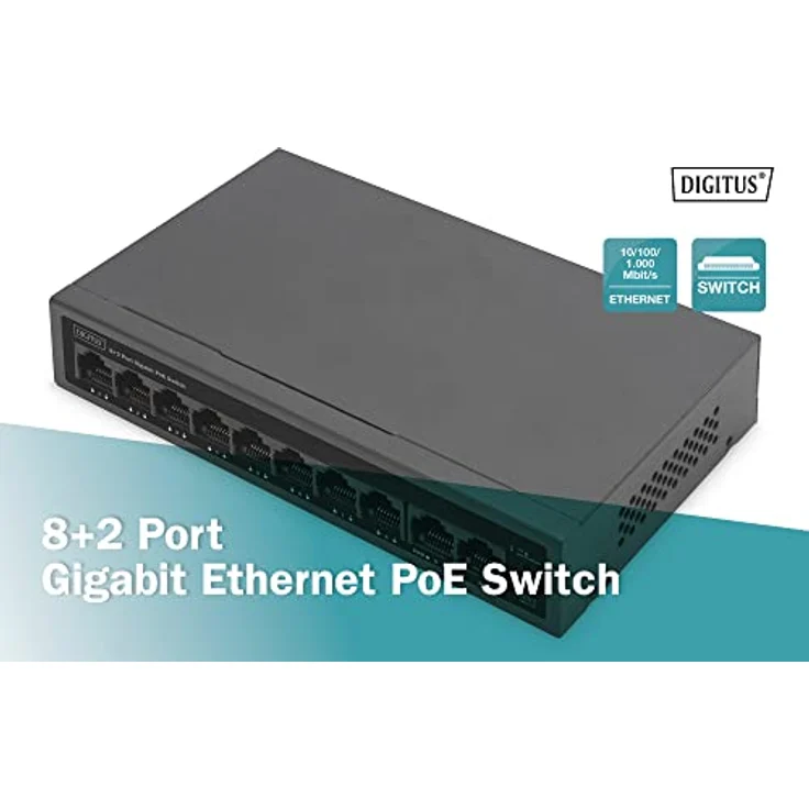 DIGITUS 10 Port Gigabit Ethernet PoE Switch - Unmanaged - 8 RJ45 PoE Ports + 2 RJ45 Ports - 60W PoE-Budget - CCTV-Modus - 10/100/1000 Mbps - schwarz – Bild 4