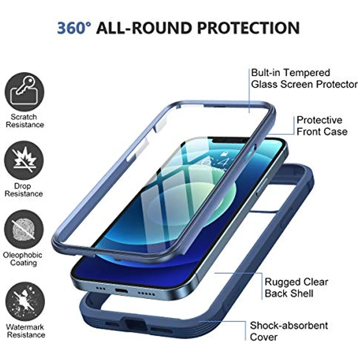 Miracase 360 Grad Hülle für iPhone 12/12 Pro (6.1 Zoll), Ganzkörper Schutzhülle mit eingebauter Glas Displayschutzfolie, stoßfest, Blau – Bild 2
