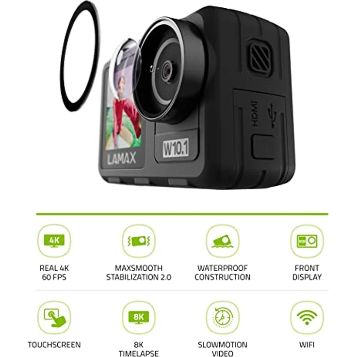 Lamax W10.1 Real 4K 60 fps Action Cam mit Stabilisierung MAXsmooth 2.0, Unterwasserkamera, Camcorder mit Dual Display, Komplettes Zubehör, Wi-Fi, Zeitlupenvideo, Zeitraffer, Tauchmodus – Bild 2