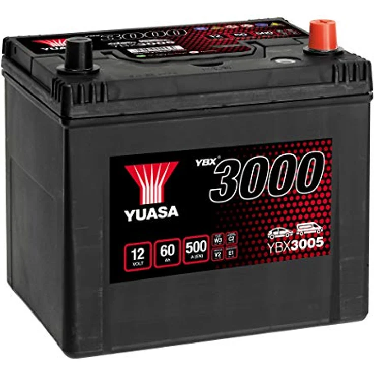 Yuasa SMF YBX3005 Autobatterie 60Ah, T1 Poltyp, 12V, 500A Kälteprüfstrom, mit Ladezustandsanzeige, 175mm x 225mm x 232mm, 15,5kg – Bild 1
