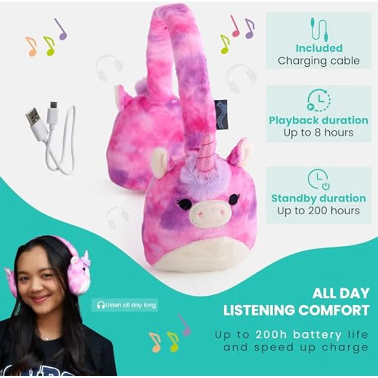 Squishmallows Lola the Unicorn, Bluetooth Kopfhörer mit Mikrofon, bis zu 6 Stunden Akkulaufzeit, rosa – Bild 6