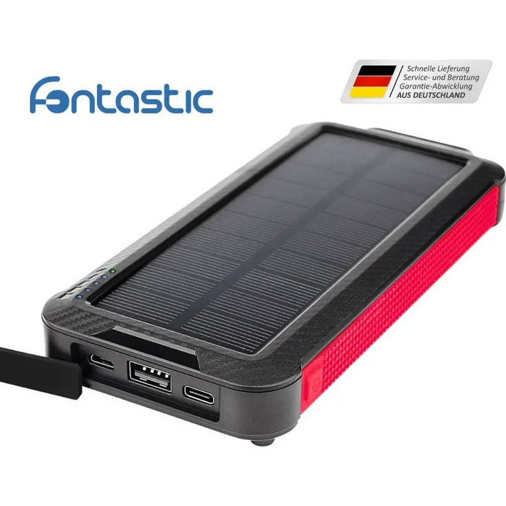 fontastic XORA10C Solar Powerbank 10000 mAh, 4 integrierte Anschlüsse, Solarpanel, LED-Leuchte, Spritzwasser- und staubdicht, ABS & Silikon Gehäuse, schwarz