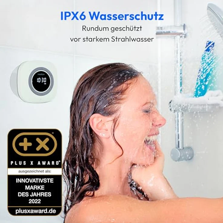 MEDION P66096 Duschradio mit Bluetooth (Badradio, UKW Radio, Saugnapf, LED-Display, IPX6 Wasserdicht, integrierter Akku, MD43884) grün – Bild 2