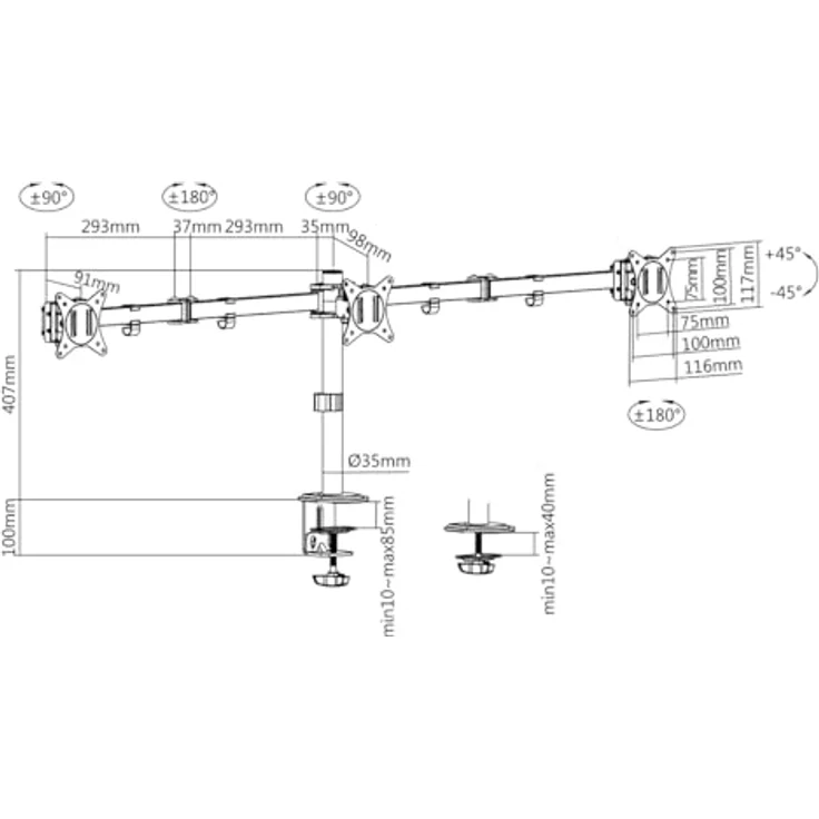 LogiLink Monitorhalterung aus Aluminium für 3 Monitore (17–27"), Armlänge: je 658 mm – Bild 4